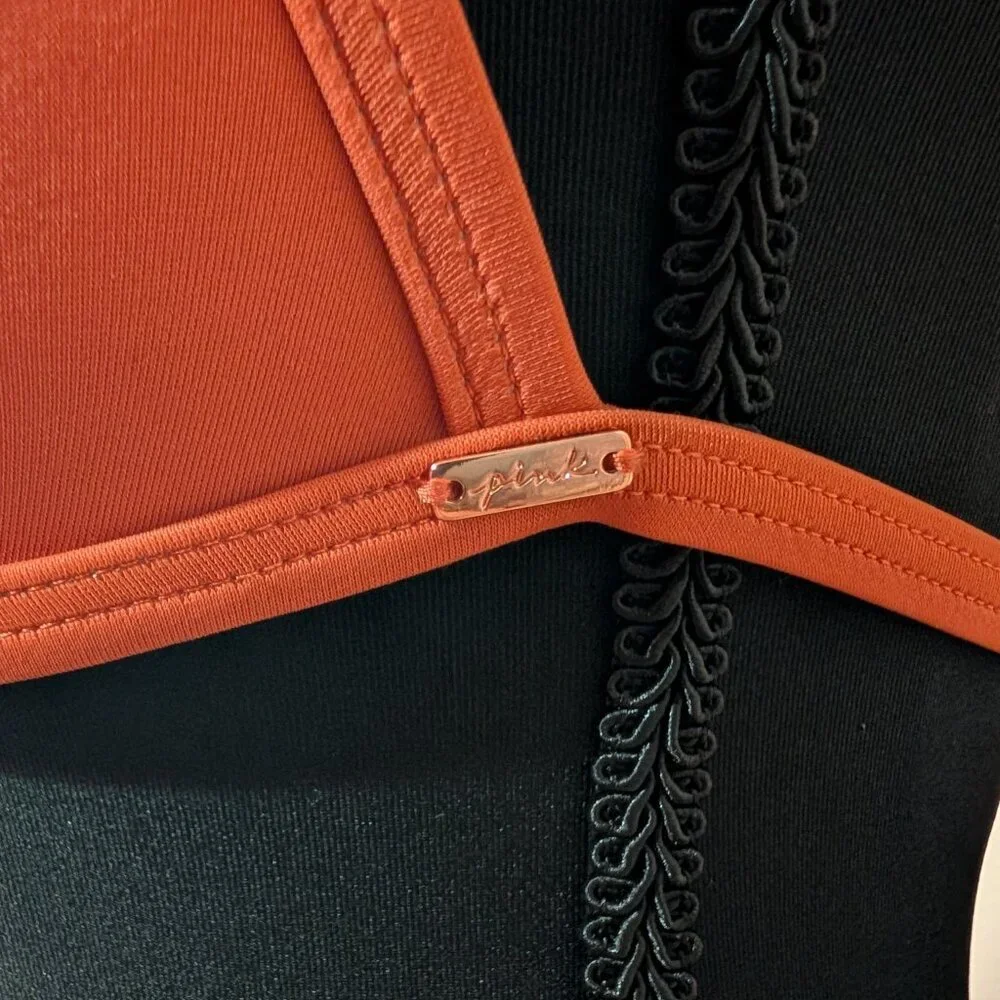 ⭐VS PINK Medium Padded Halter Swim Top Apple Cinnamon Orange Bra Ring Accents⭐ - Picture 3 of 9